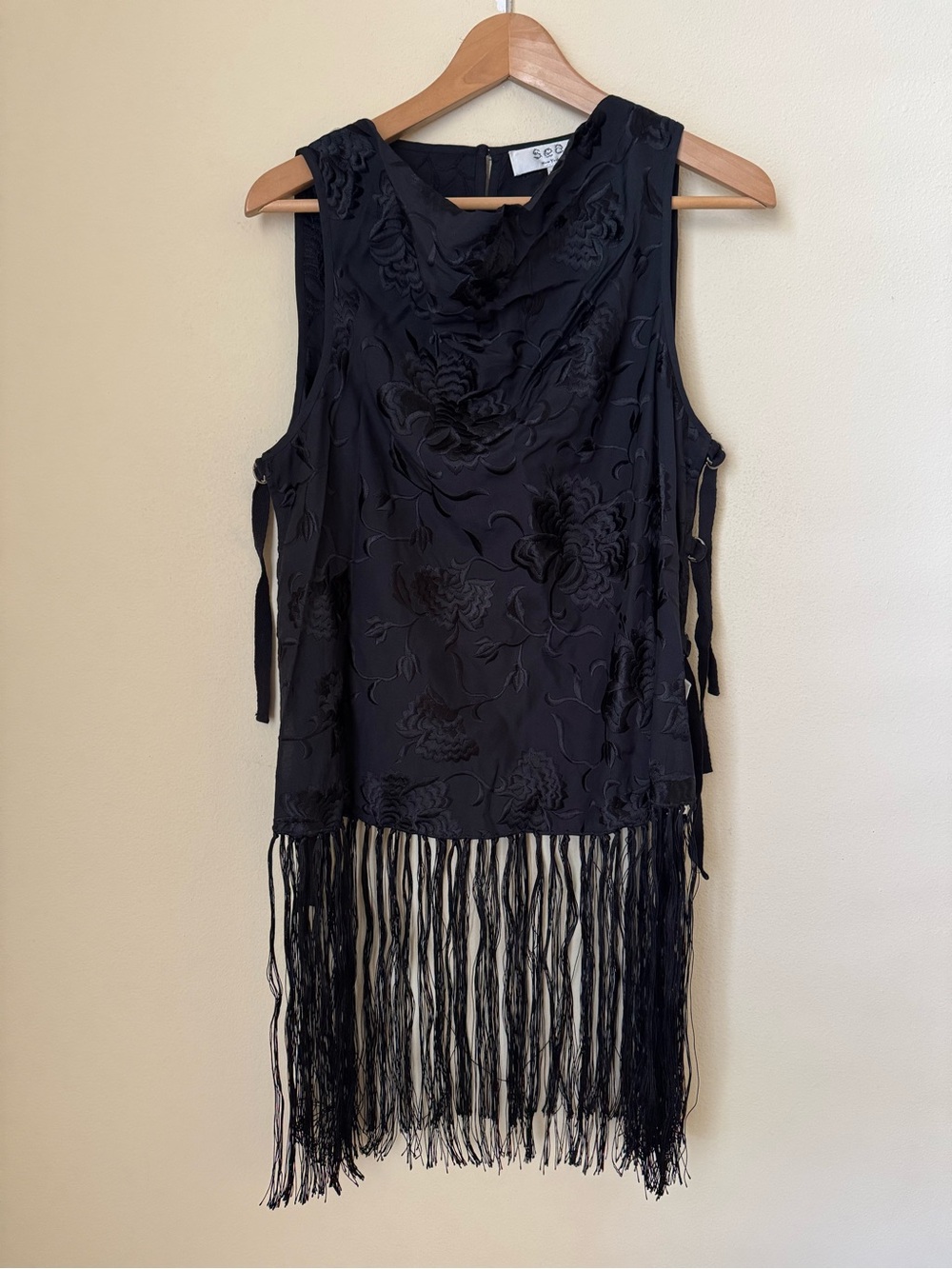 Sea New York New Priscilla Embroidery Cowl Neck Fringe Vest Black XL